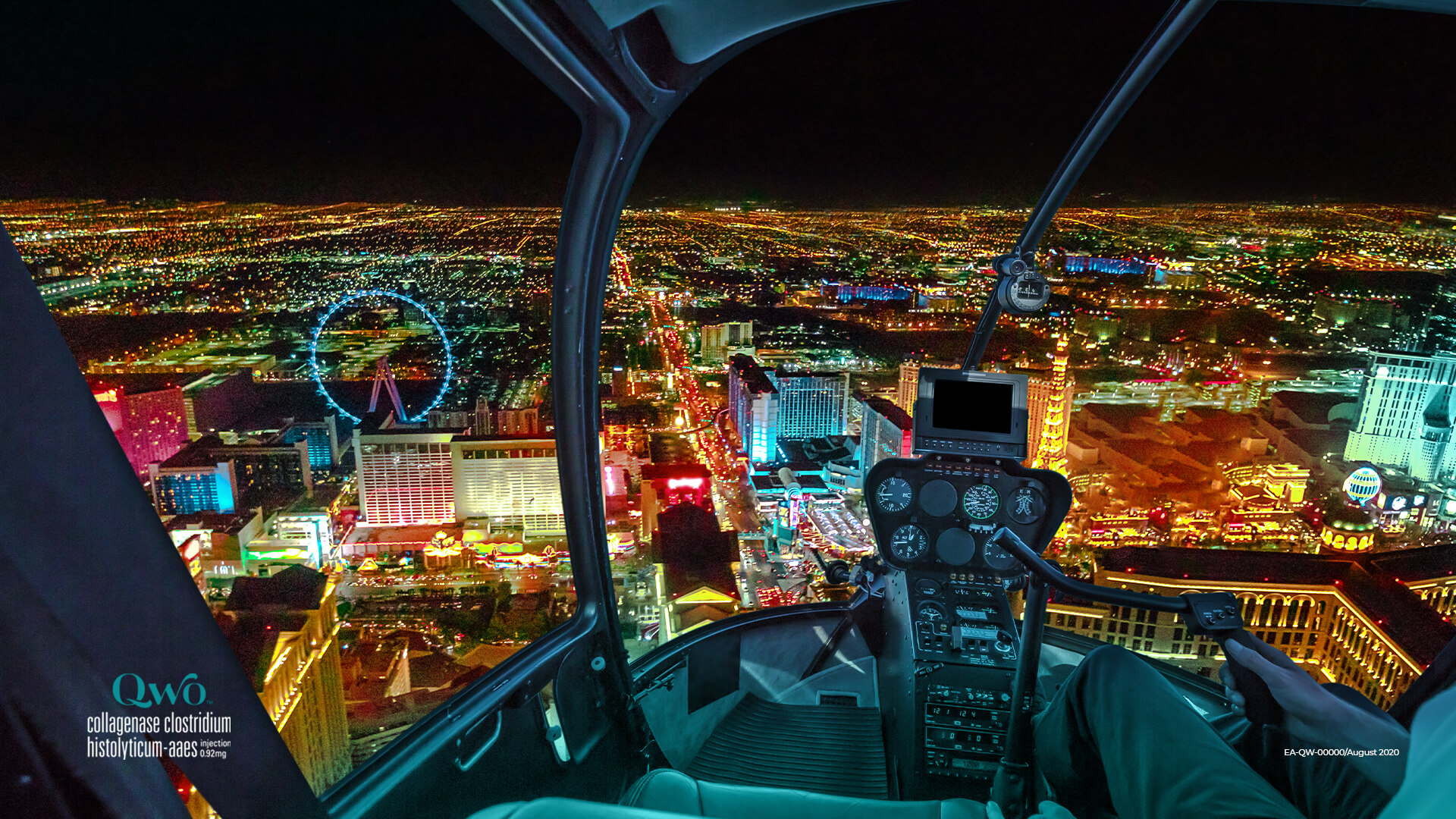 View of Las Vegas strip from helicopter cockpit with QWO logo.