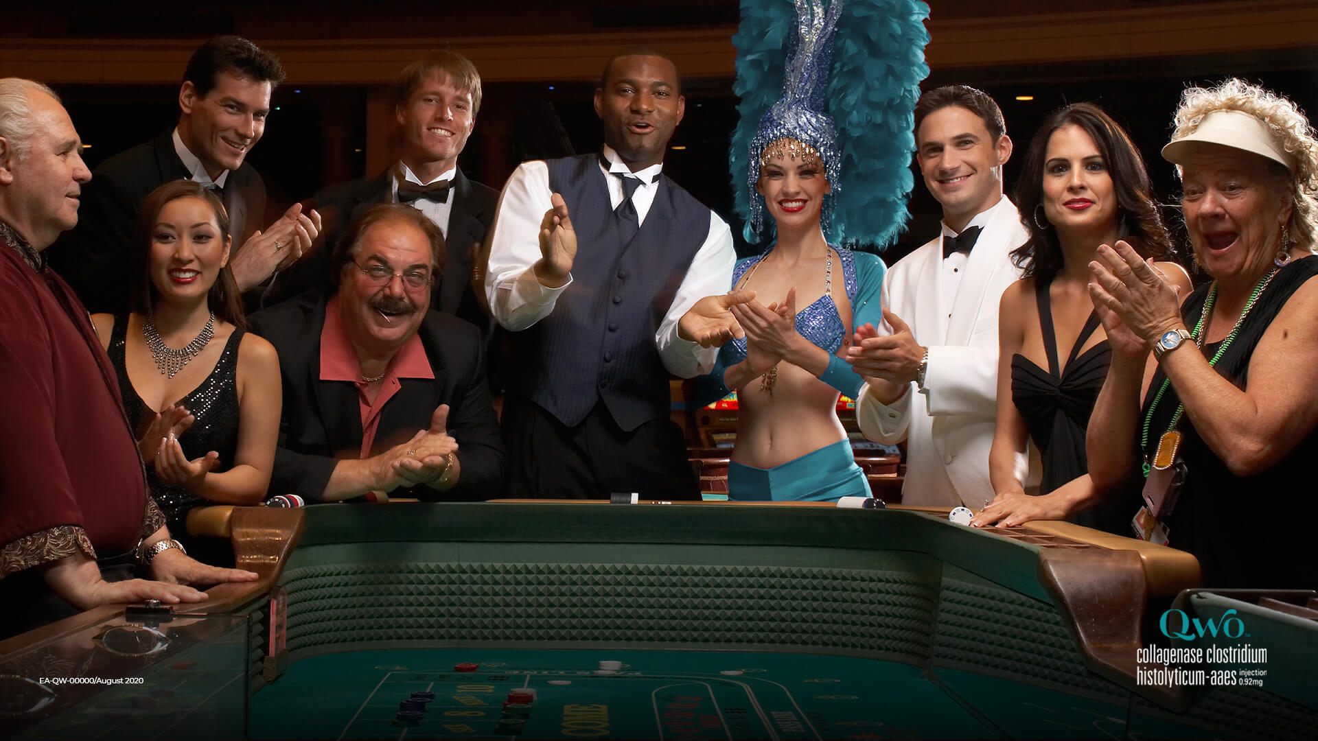 Crowd playing craps with QWO logo.